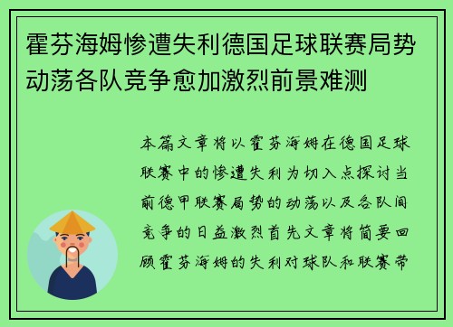 霍芬海姆惨遭失利德国足球联赛局势动荡各队竞争愈加激烈前景难测