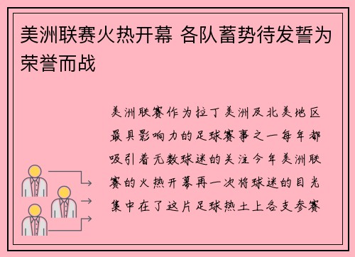 美洲联赛火热开幕 各队蓄势待发誓为荣誉而战