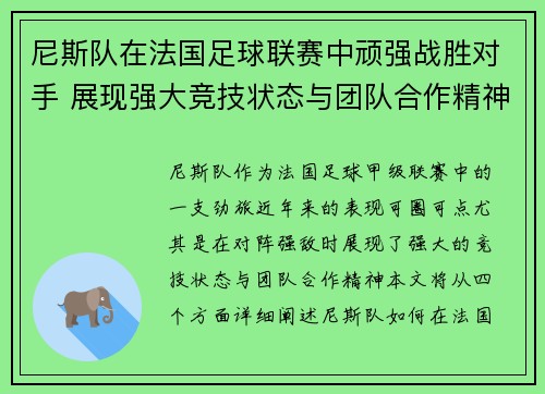尼斯队在法国足球联赛中顽强战胜对手 展现强大竞技状态与团队合作精神