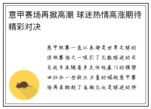 意甲赛场再掀高潮 球迷热情高涨期待精彩对决