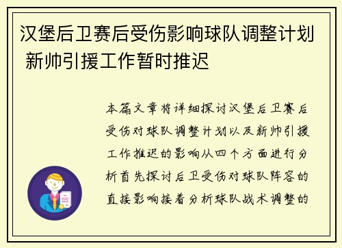 汉堡后卫赛后受伤影响球队调整计划 新帅引援工作暂时推迟