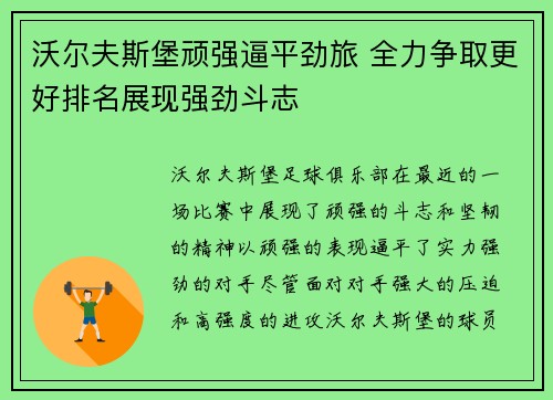 沃尔夫斯堡顽强逼平劲旅 全力争取更好排名展现强劲斗志