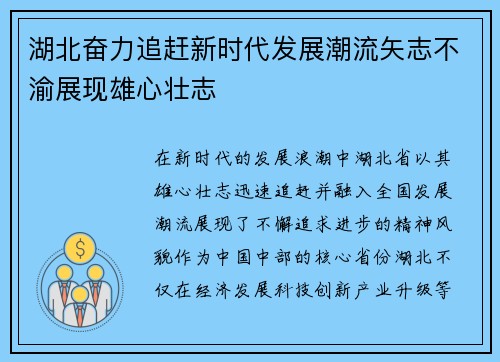 湖北奋力追赶新时代发展潮流矢志不渝展现雄心壮志