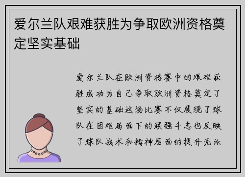 爱尔兰队艰难获胜为争取欧洲资格奠定坚实基础