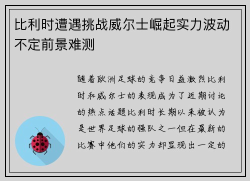 比利时遭遇挑战威尔士崛起实力波动不定前景难测
