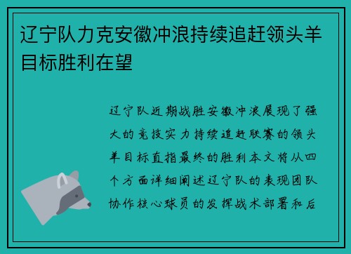 辽宁队力克安徽冲浪持续追赶领头羊目标胜利在望