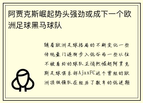阿贾克斯崛起势头强劲或成下一个欧洲足球黑马球队