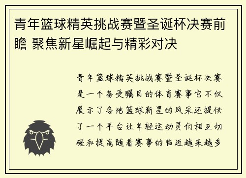 青年篮球精英挑战赛暨圣诞杯决赛前瞻 聚焦新星崛起与精彩对决